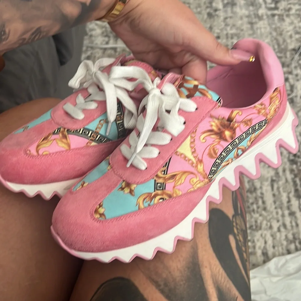 Fashion Nova Pink and Light Blue Baroque Platform Sneakers